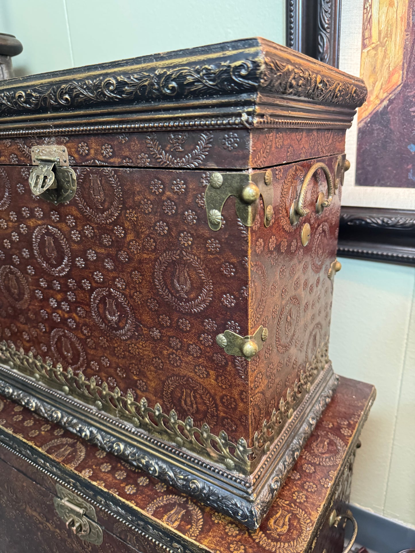 Large Decorative Storage Chest Set 2 Embossed Antique Style Trunks Brass Hardware Local Pickup