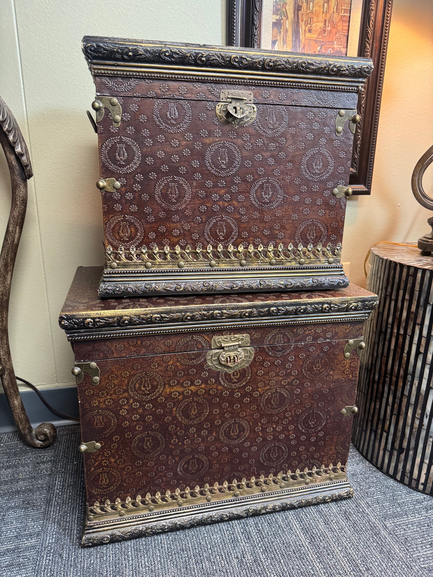 Large Decorative Storage Chest Set 2 Embossed Antique Style Trunks Brass Hardware Local Pickup