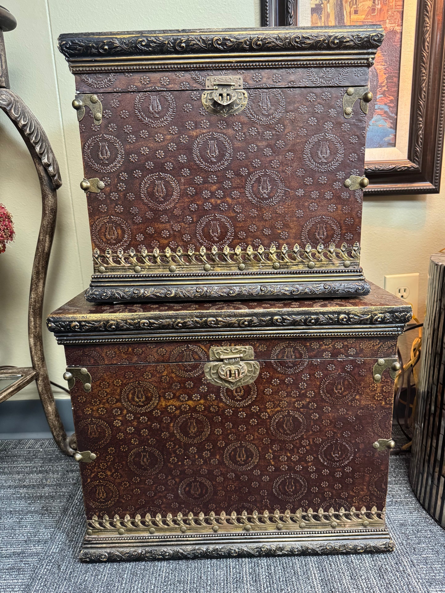 Large Decorative Storage Chest Set 2 Embossed Antique Style Trunks Brass Hardware Local Pickup