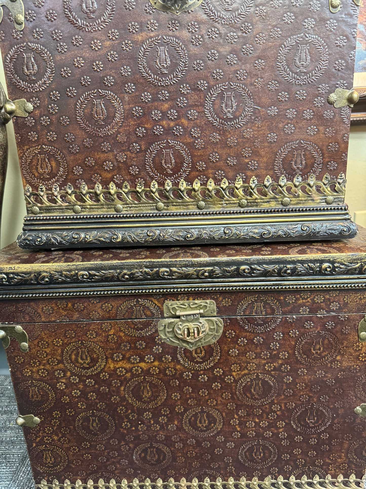 Large Decorative Storage Chest Set 2 Embossed Antique Style Trunks Brass Hardware Local Pickup