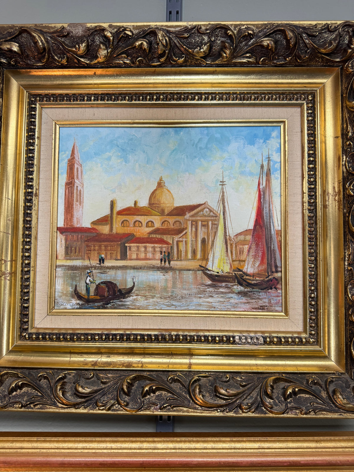 Vintage Signed Venice Oil Painting on Canvas – Ornate Gold Frame 20"x18"