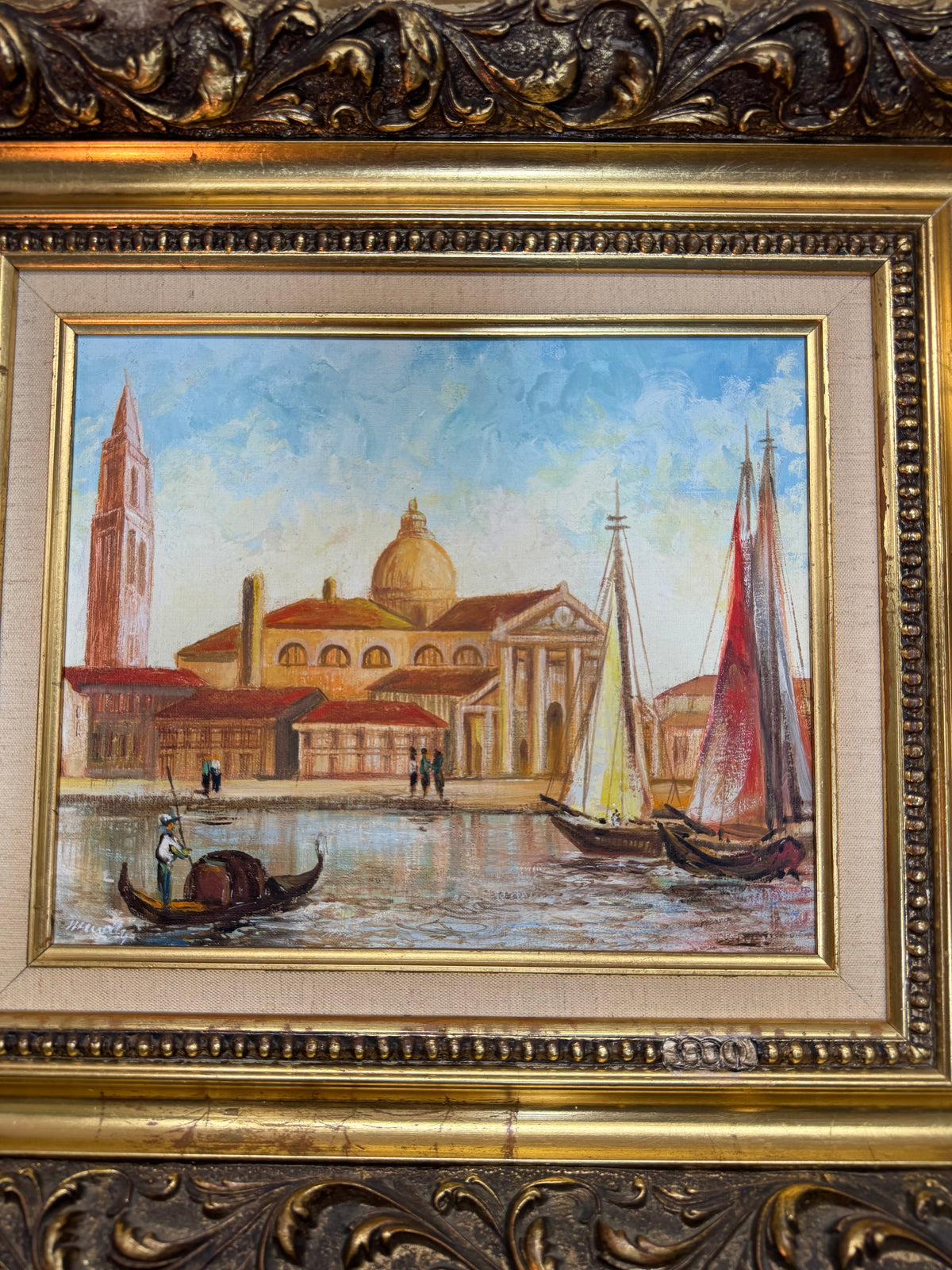 Vintage Signed Venice Oil Painting on Canvas – Ornate Gold Frame 20"x18"
