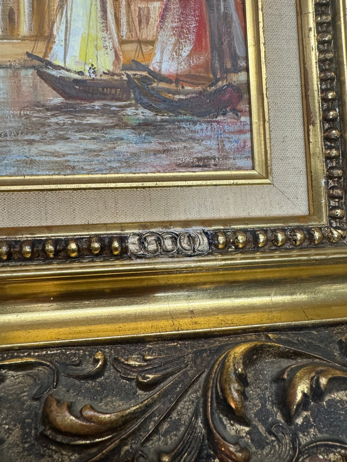 Vintage Signed Venice Oil Painting on Canvas – Ornate Gold Frame 20"x18"