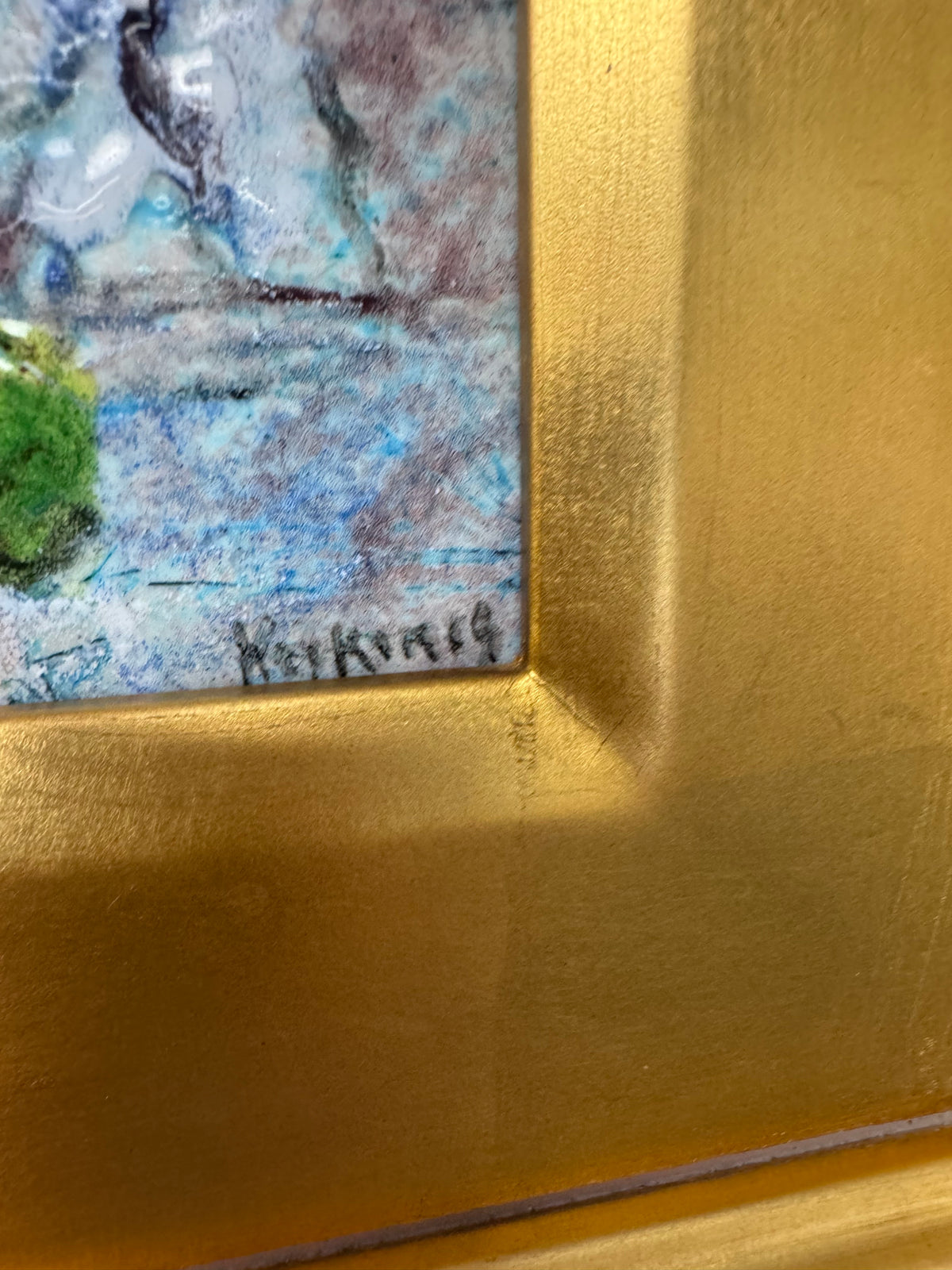 Daphne Keskinis Signed Enamel on Metal Painting – Seated Woman with Teacup – Gold Leaf Frame 17"x14"
