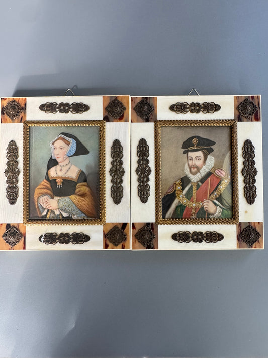 Vintage Signed Portrait Wall Decor Set Ornate Mini Frames Classic European Tudor Style Art 5.5"x4.5"
