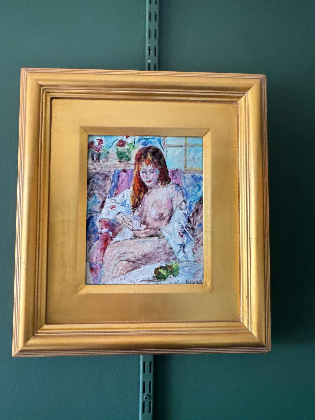 Daphne Keskinis Signed Enamel on Metal Painting – Seated Woman with Teacup – Gold Leaf Frame 17"x14"
