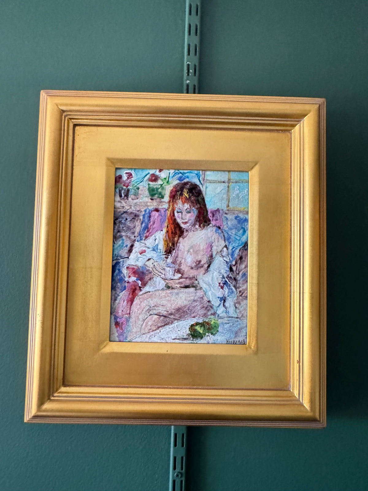 Daphne Keskinis Signed Enamel on Metal Painting – Seated Woman with Teacup – Gold Leaf Frame 17"x14"