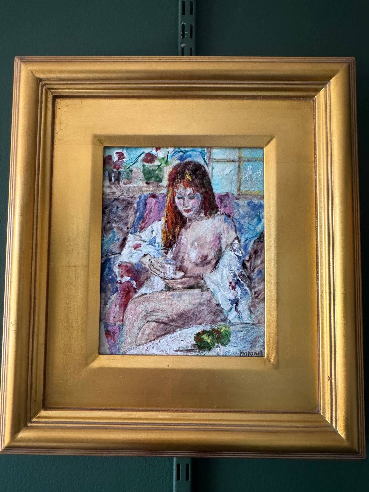 Daphne Keskinis Signed Enamel on Metal Painting – Seated Woman with Teacup – Gold Leaf Frame 17"x14"