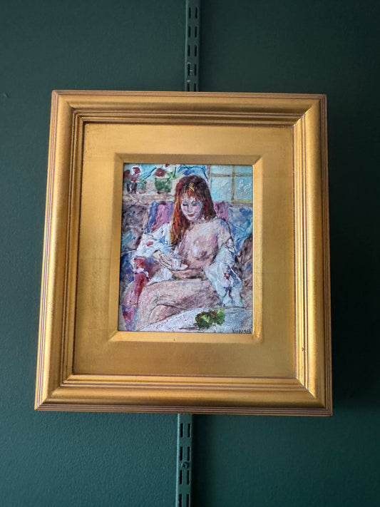 Daphne Keskinis Signed Enamel on Metal Painting – Seated Woman with Teacup – Gold Leaf Frame 17"x14"
