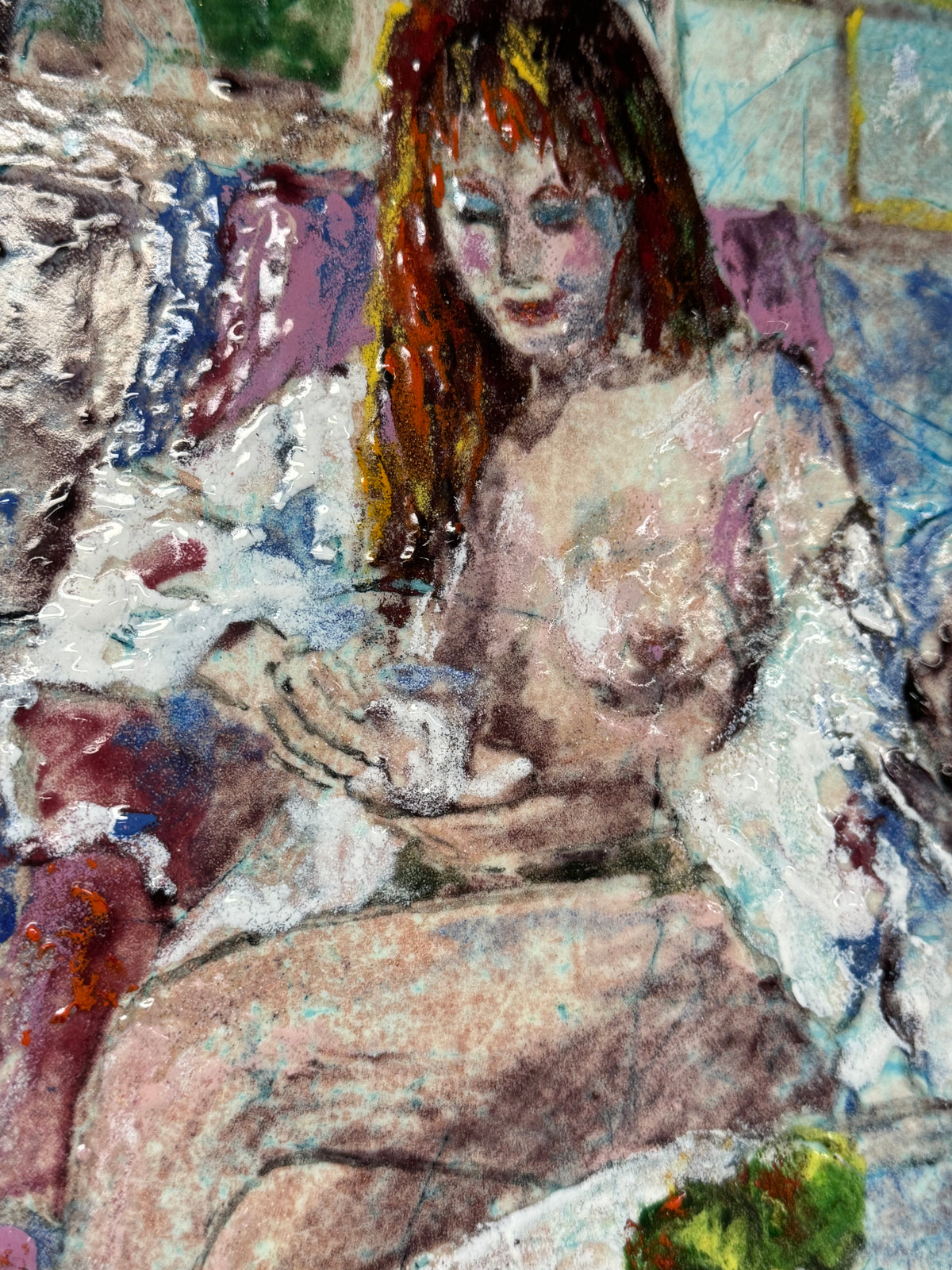 Daphne Keskinis Signed Enamel on Metal Painting – Seated Woman with Teacup – Gold Leaf Frame 17"x14"