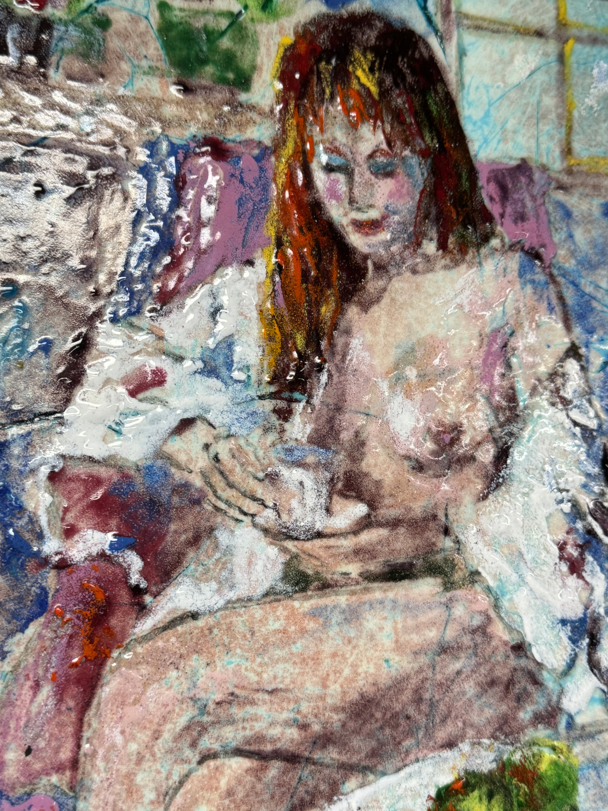 Daphne Keskinis Signed Enamel on Metal Painting – Seated Woman with Teacup – Gold Leaf Frame 17"x14"