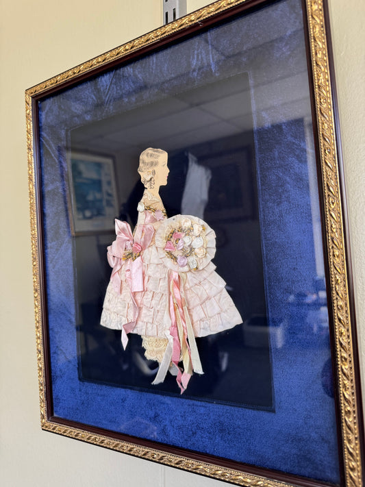Vintage Framed Victorian Lady Fabric Art Shadow Box Pink Dress Blue Velvet Frame Wall Decor 15"x 13"