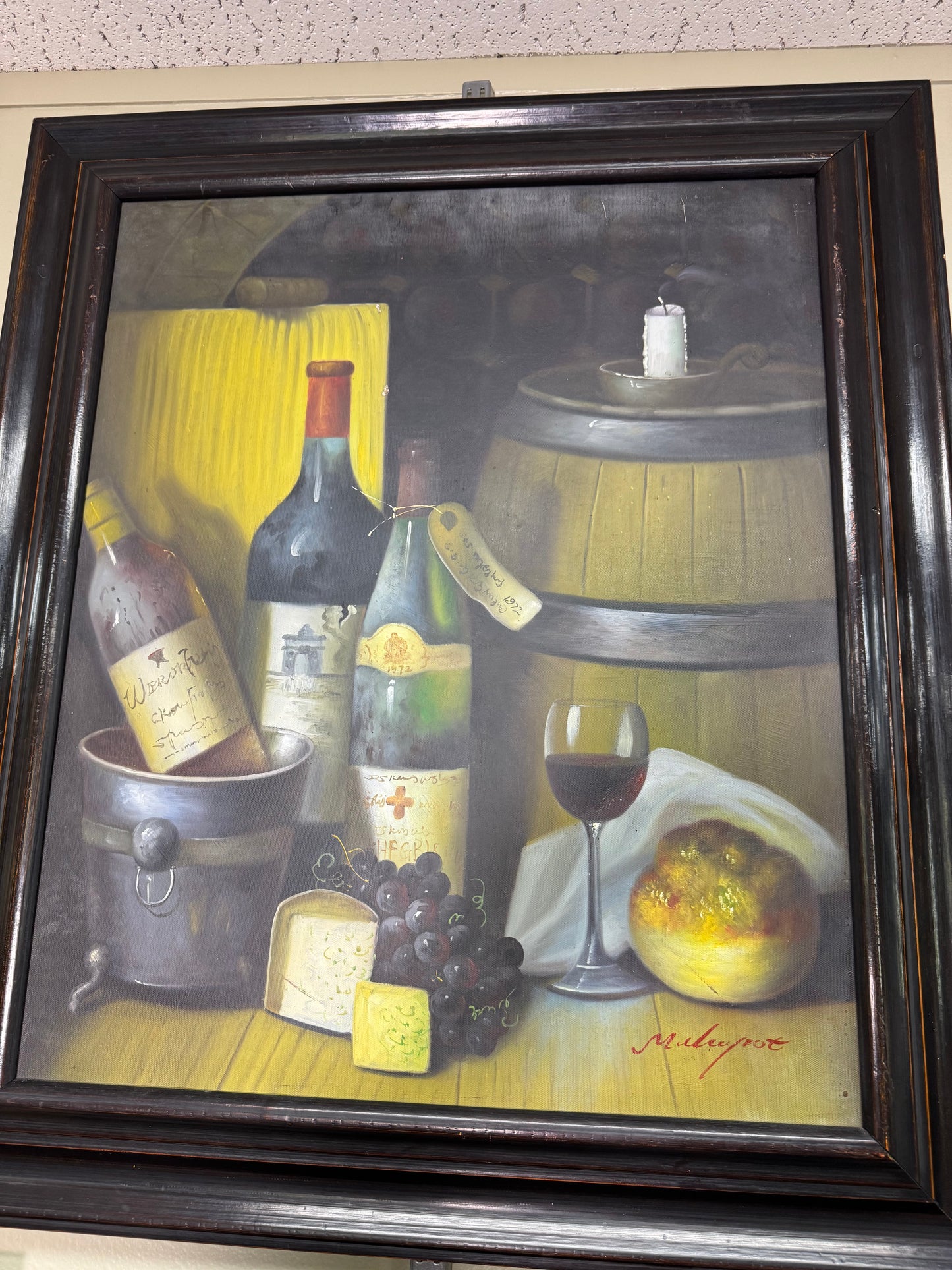 Vintage European Still Life Painting Wine Grapes Cheese Framed Canvas Signed Maurot 24x30 Local Pickup