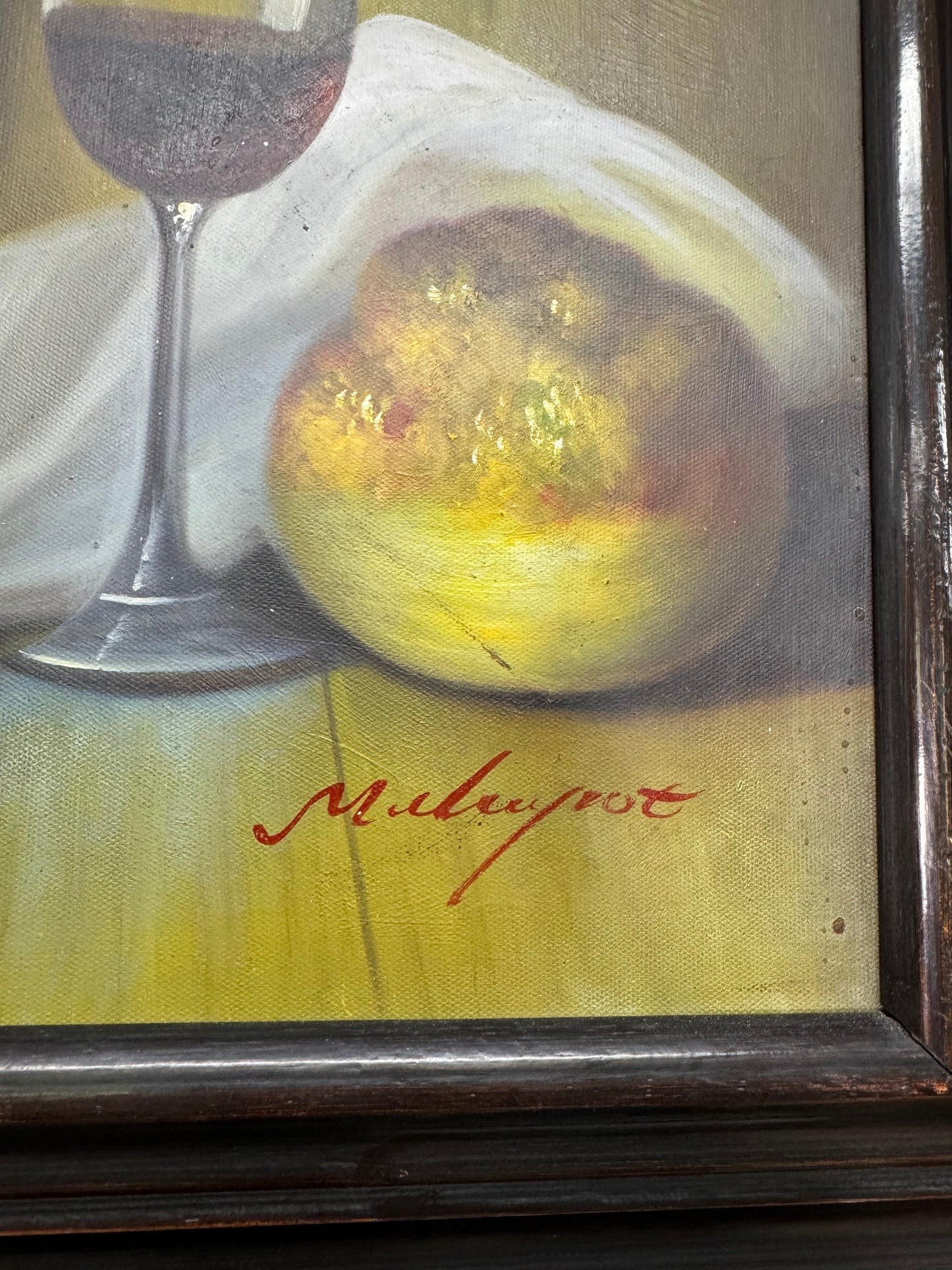 Vintage European Still Life Painting Wine Grapes Cheese Framed Canvas Signed Maurot 24x30 Local Pickup