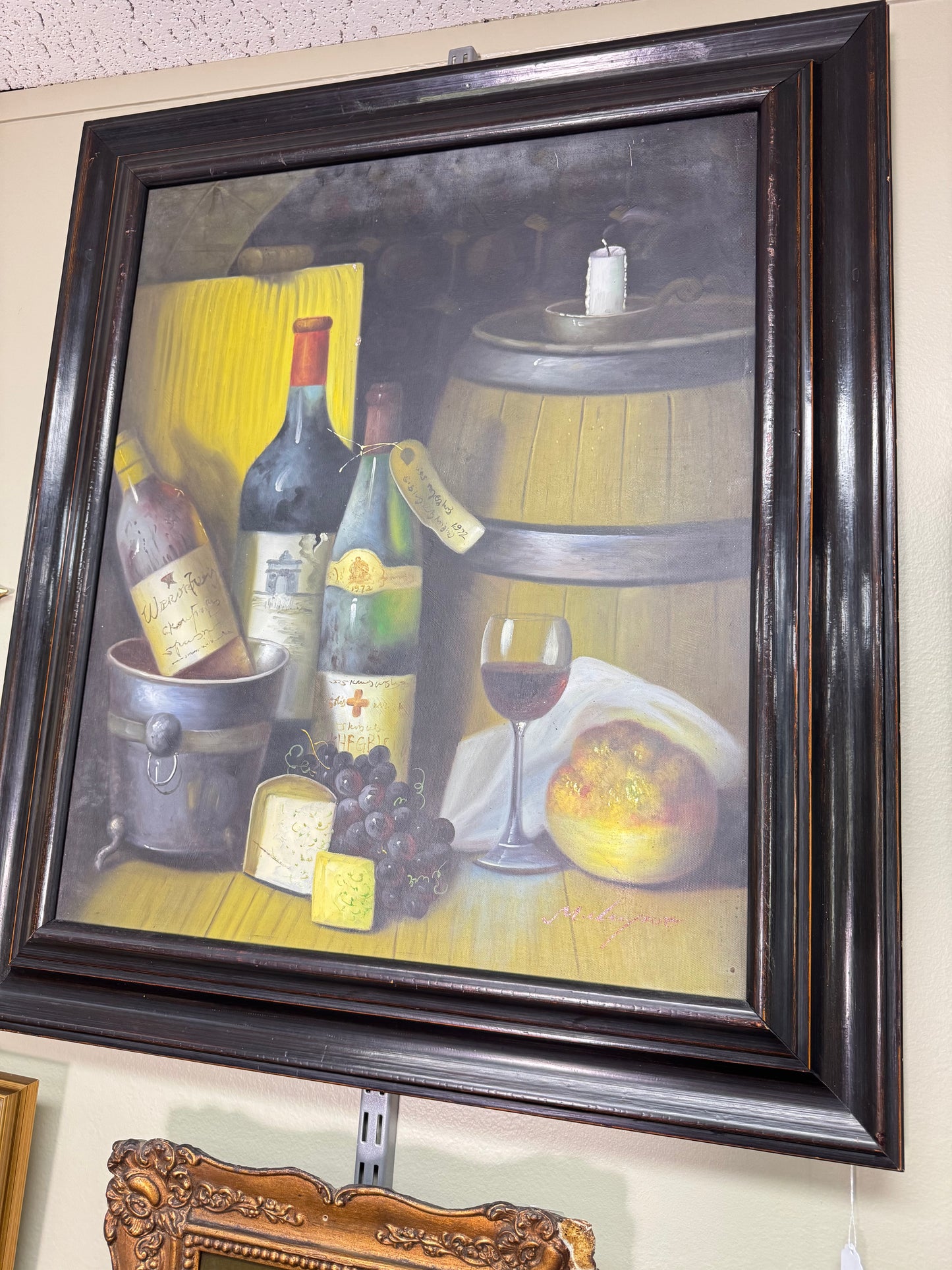 Vintage European Still Life Painting Wine Grapes Cheese Framed Canvas Signed Maurot 24x30 Local Pickup
