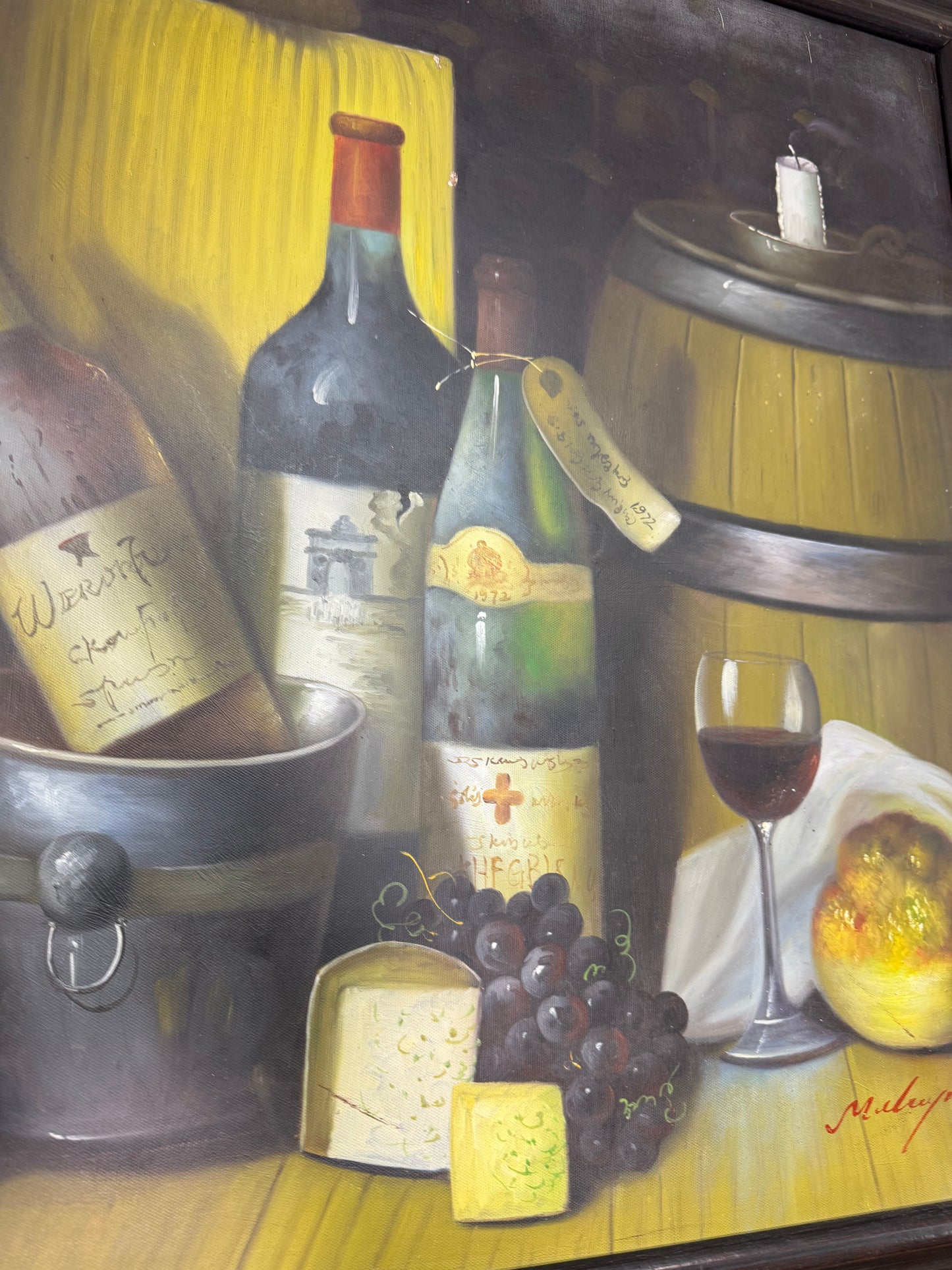 Vintage European Still Life Painting Wine Grapes Cheese Framed Canvas Signed Maurot 24x30 Local Pickup
