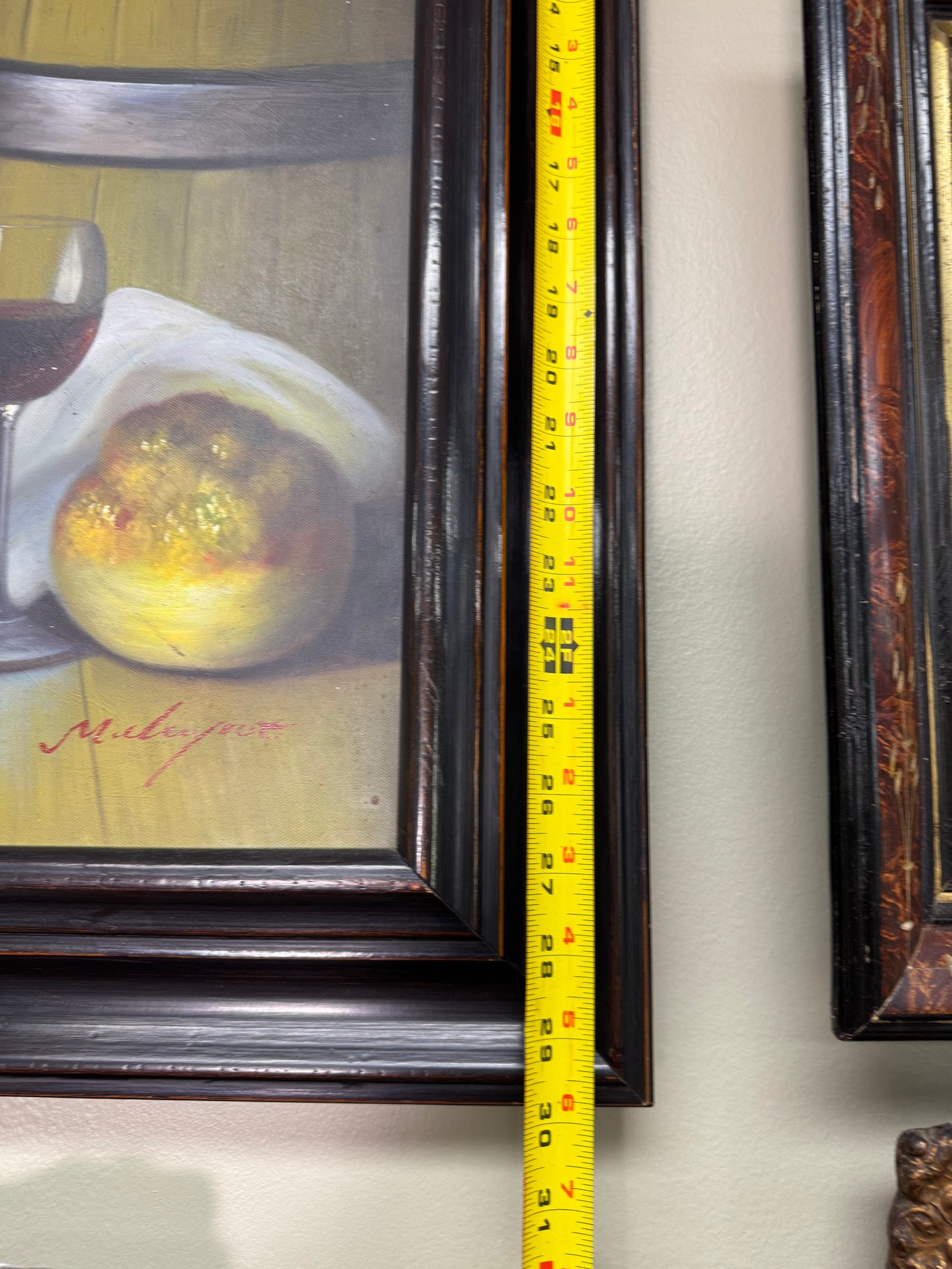 Vintage European Still Life Painting Wine Grapes Cheese Framed Canvas Signed Maurot 24x30 Local Pickup