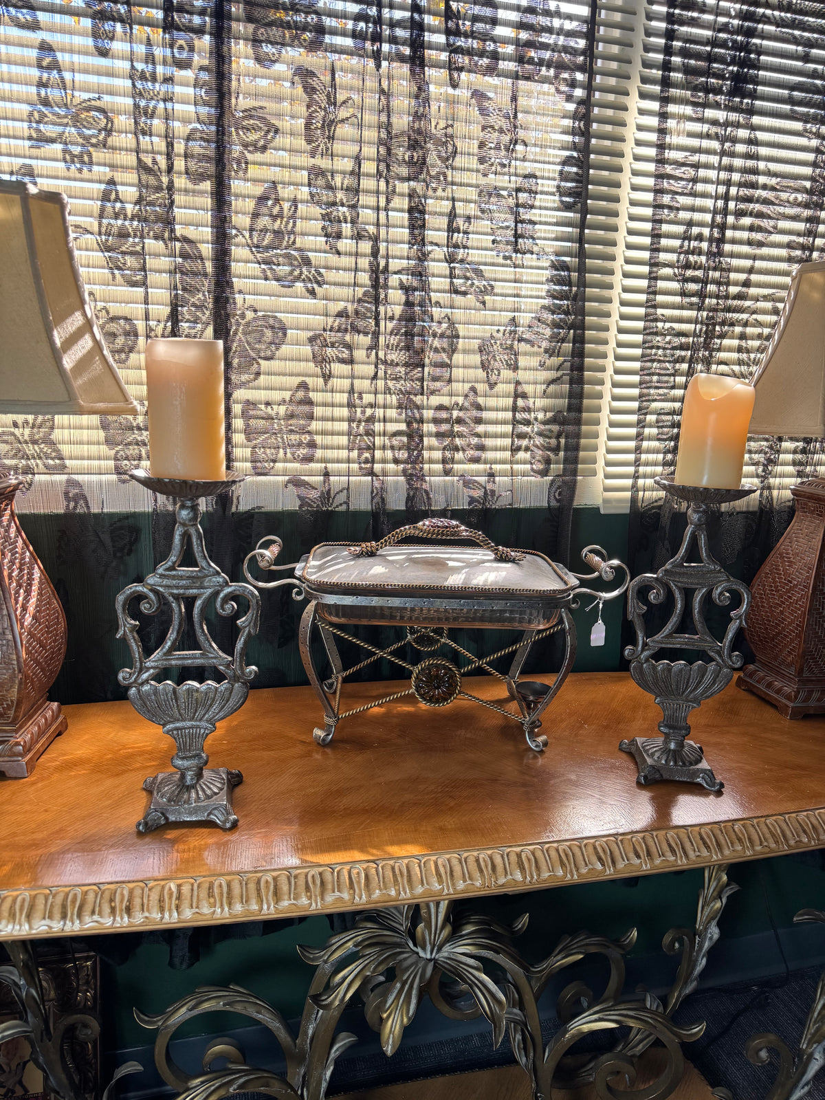 Set of 2 Vintage Ornate Metal Pillar Candle Holders – Antiqued Silver Scroll Urn Candlesticks, Footed Base, 15" Tall