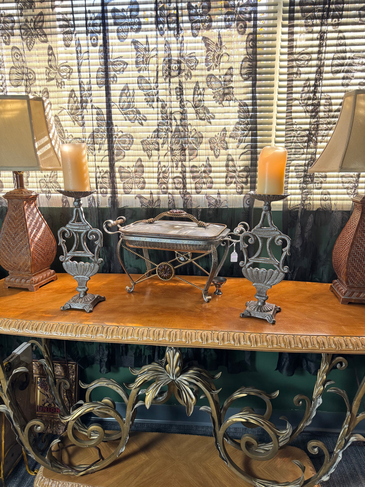 Set of 2 Vintage Ornate Metal Pillar Candle Holders – Antiqued Silver Scroll Urn Candlesticks, Footed Base, 15" Tall