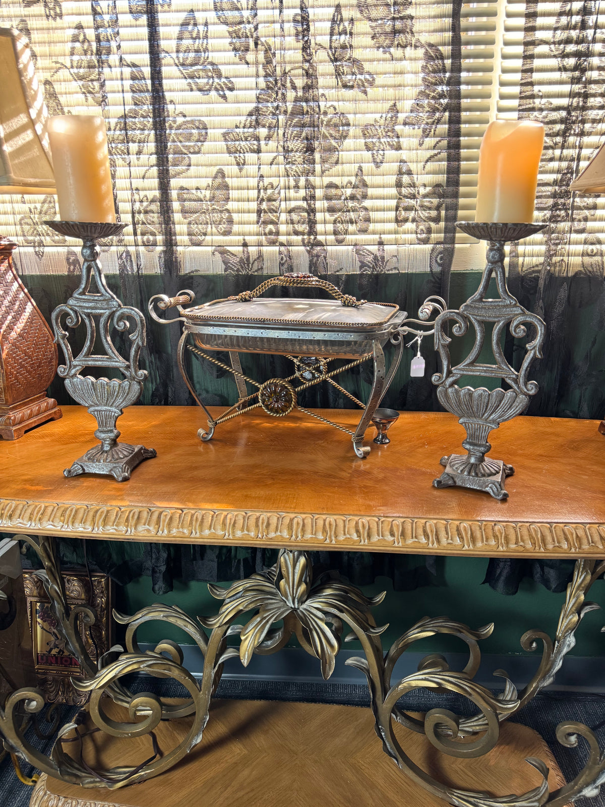 Set of 2 Vintage Ornate Metal Pillar Candle Holders – Antiqued Silver Scroll Urn Candlesticks, Footed Base, 15" Tall