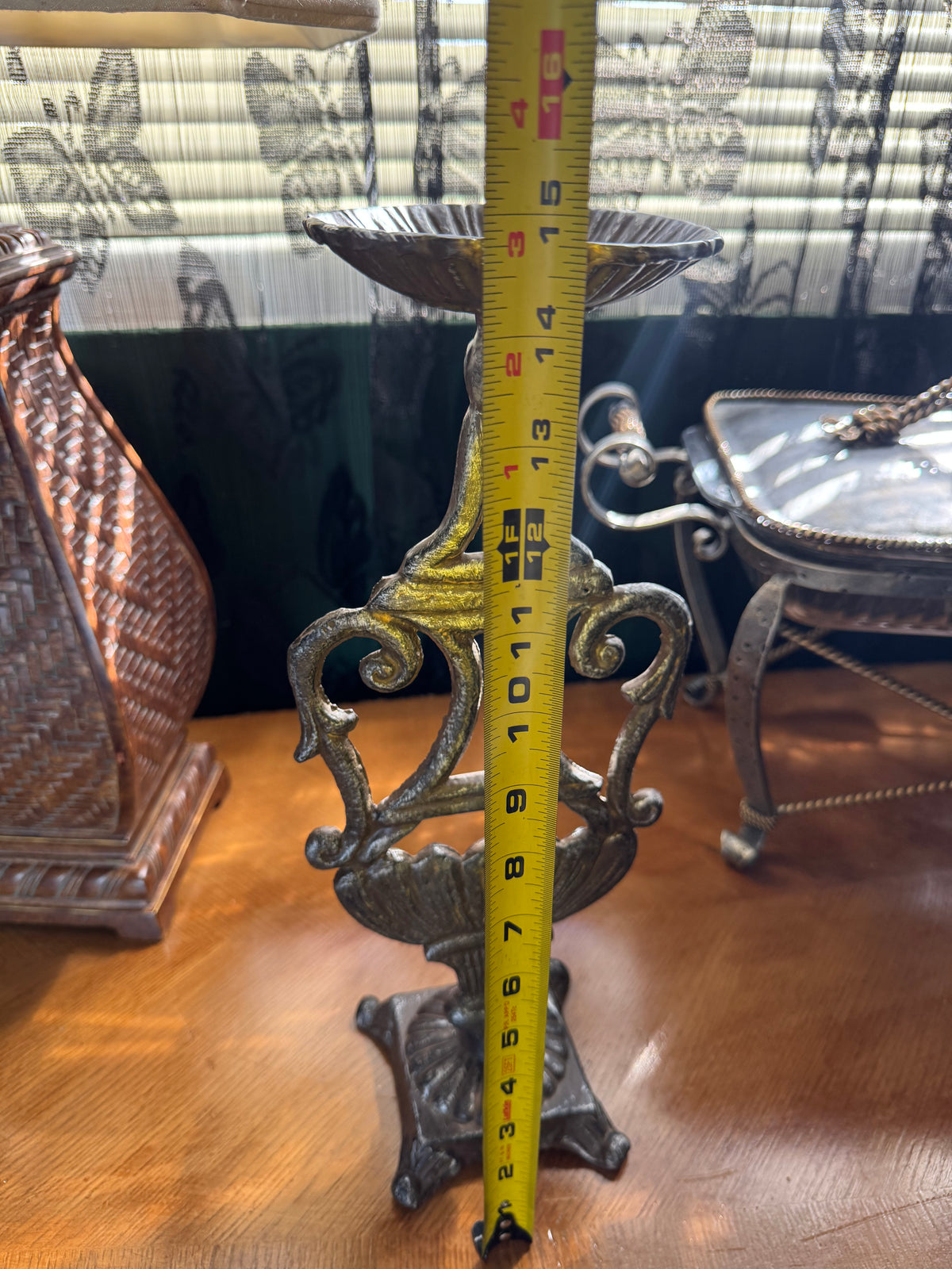 Set of 2 Vintage Ornate Metal Pillar Candle Holders – Antiqued Silver Scroll Urn Candlesticks, Footed Base, 15" Tall