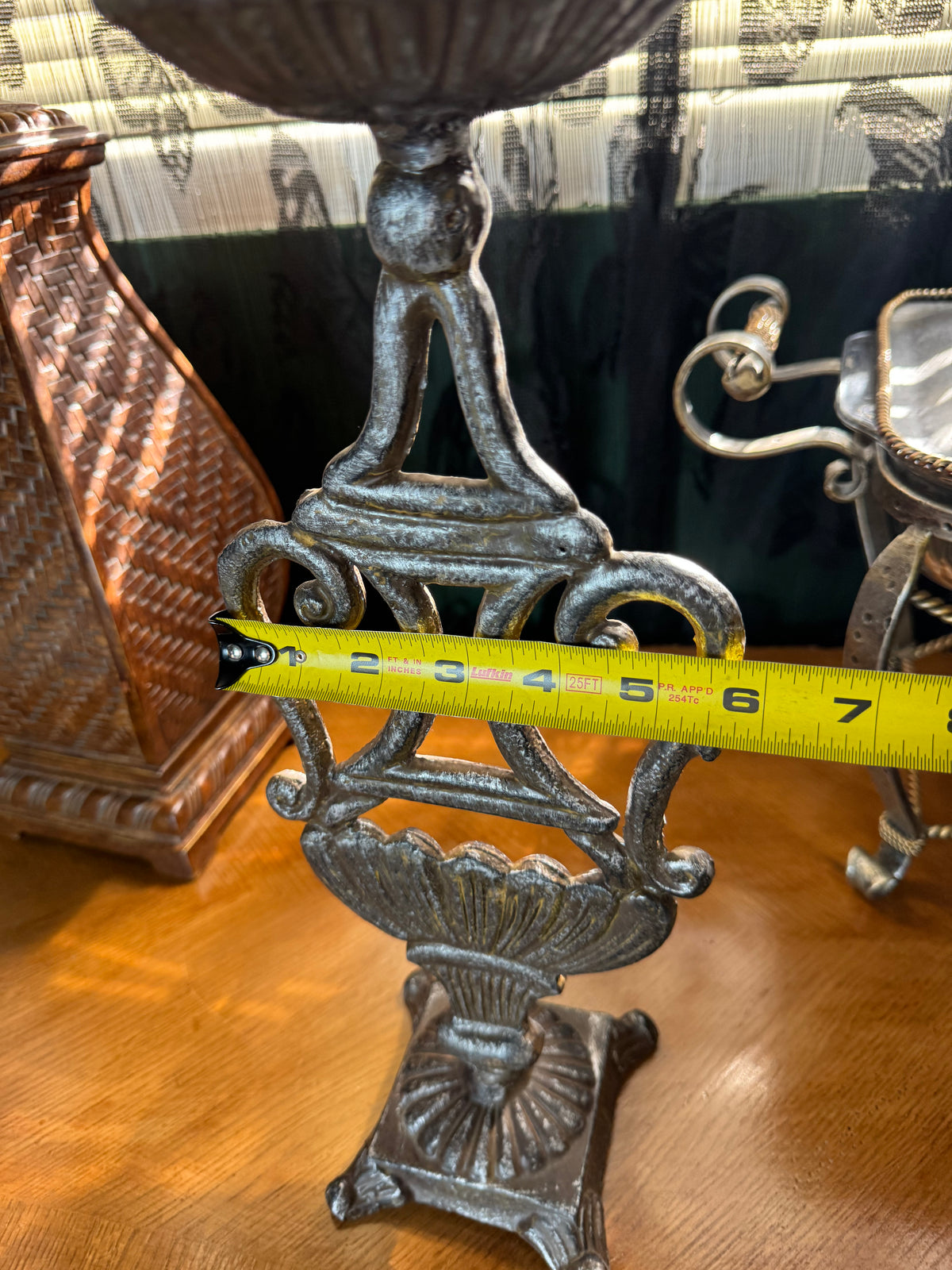 Set of 2 Vintage Ornate Metal Pillar Candle Holders – Antiqued Silver Scroll Urn Candlesticks, Footed Base, 15" Tall
