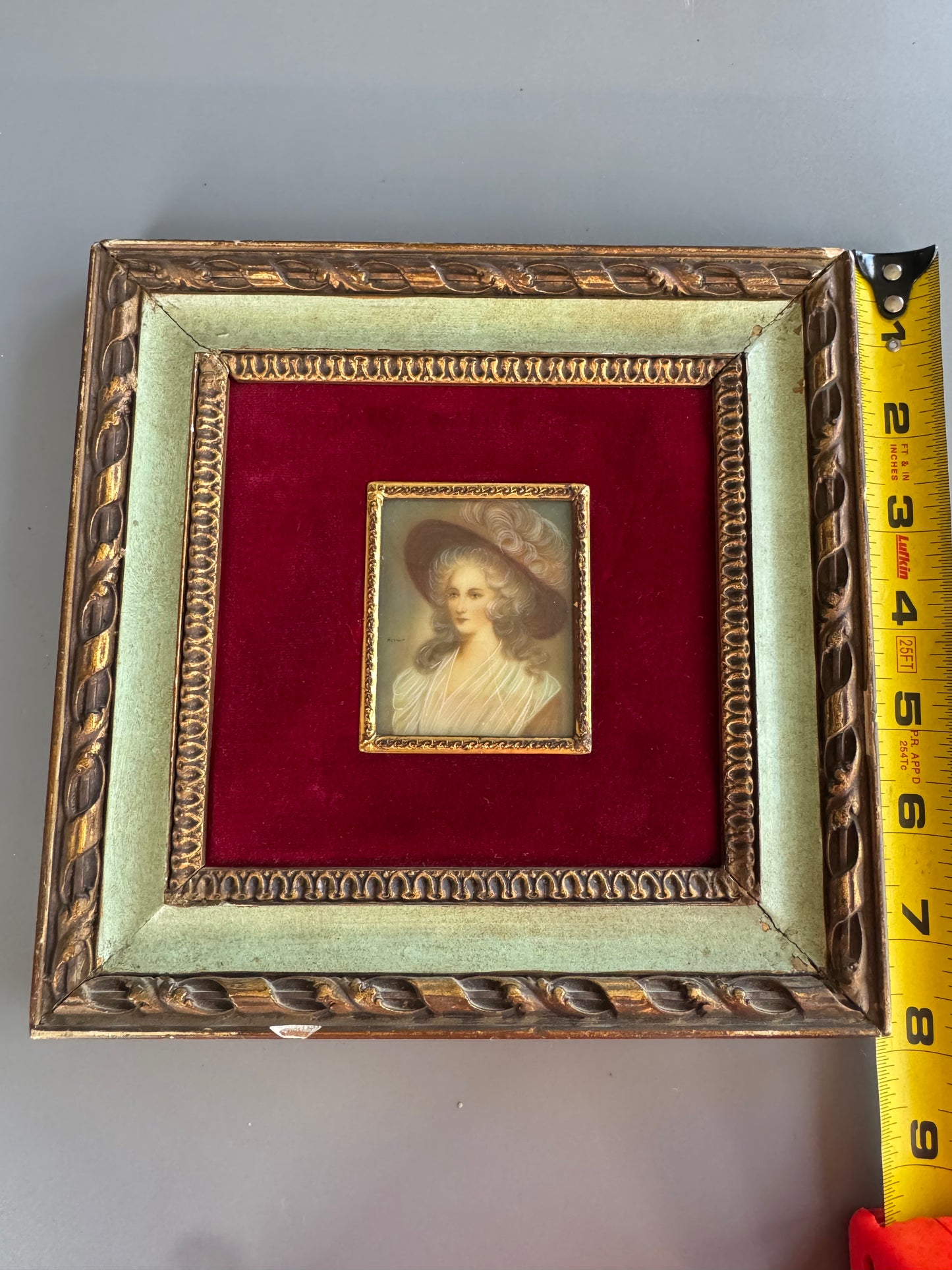 Vintage Hand Finished Miniature Portrait Lady Signed Ornate Gold Frame Red Velvet 8"x8"