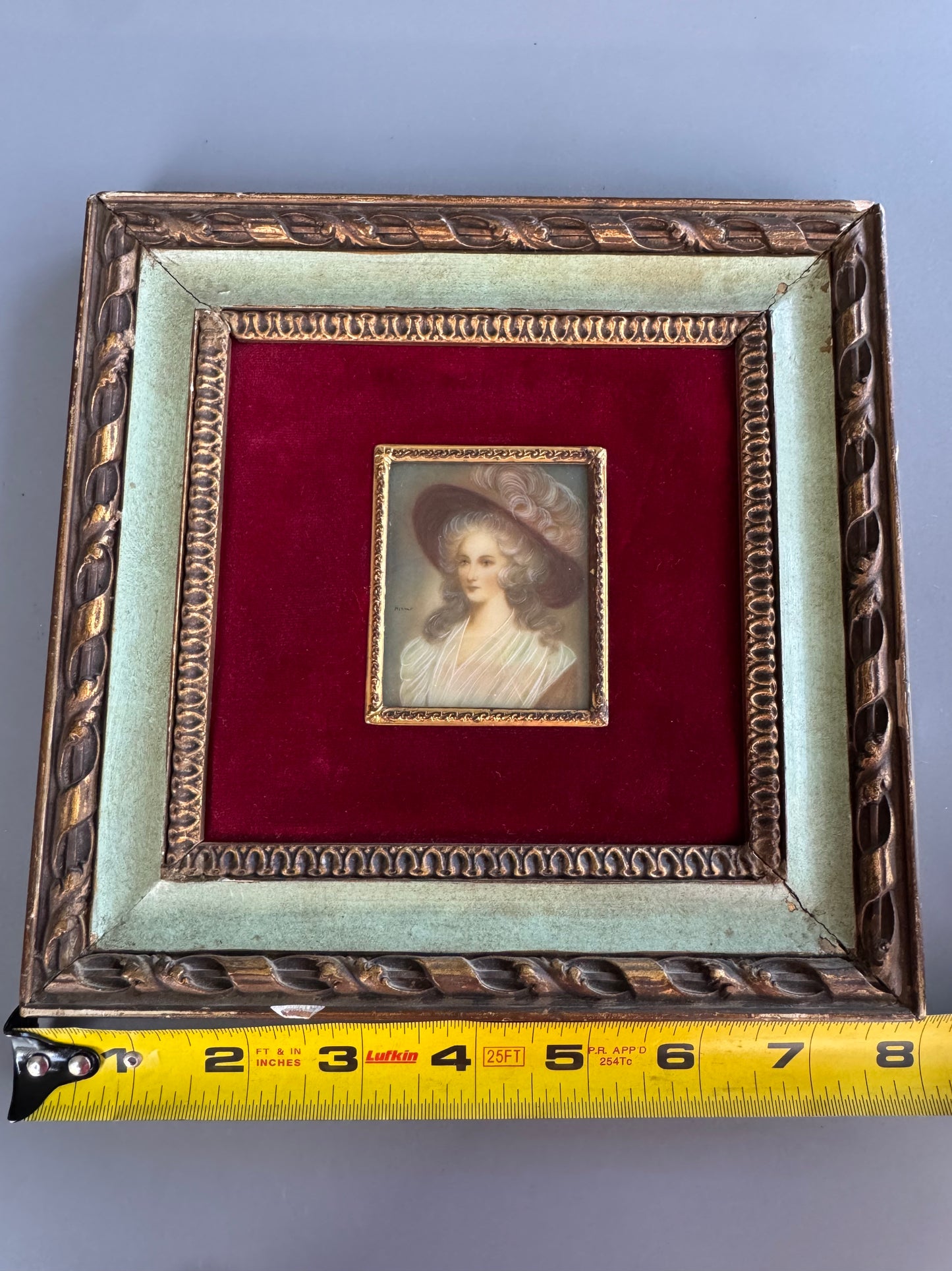 Vintage Hand Finished Miniature Portrait Lady Signed Ornate Gold Frame Red Velvet 8"x8"