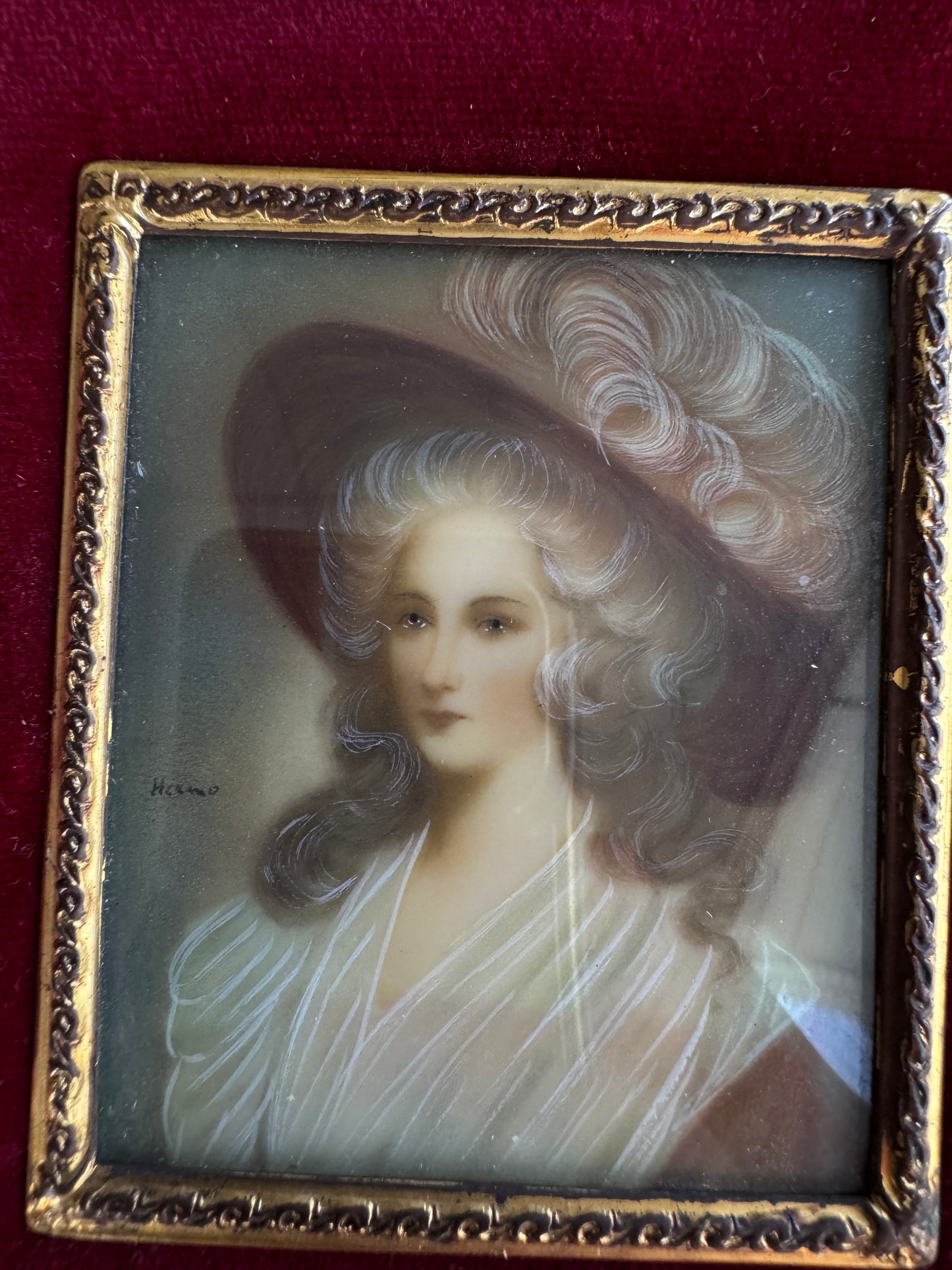 Vintage Hand Finished Miniature Portrait Lady Signed Ornate Gold Frame Red Velvet 8"x8"