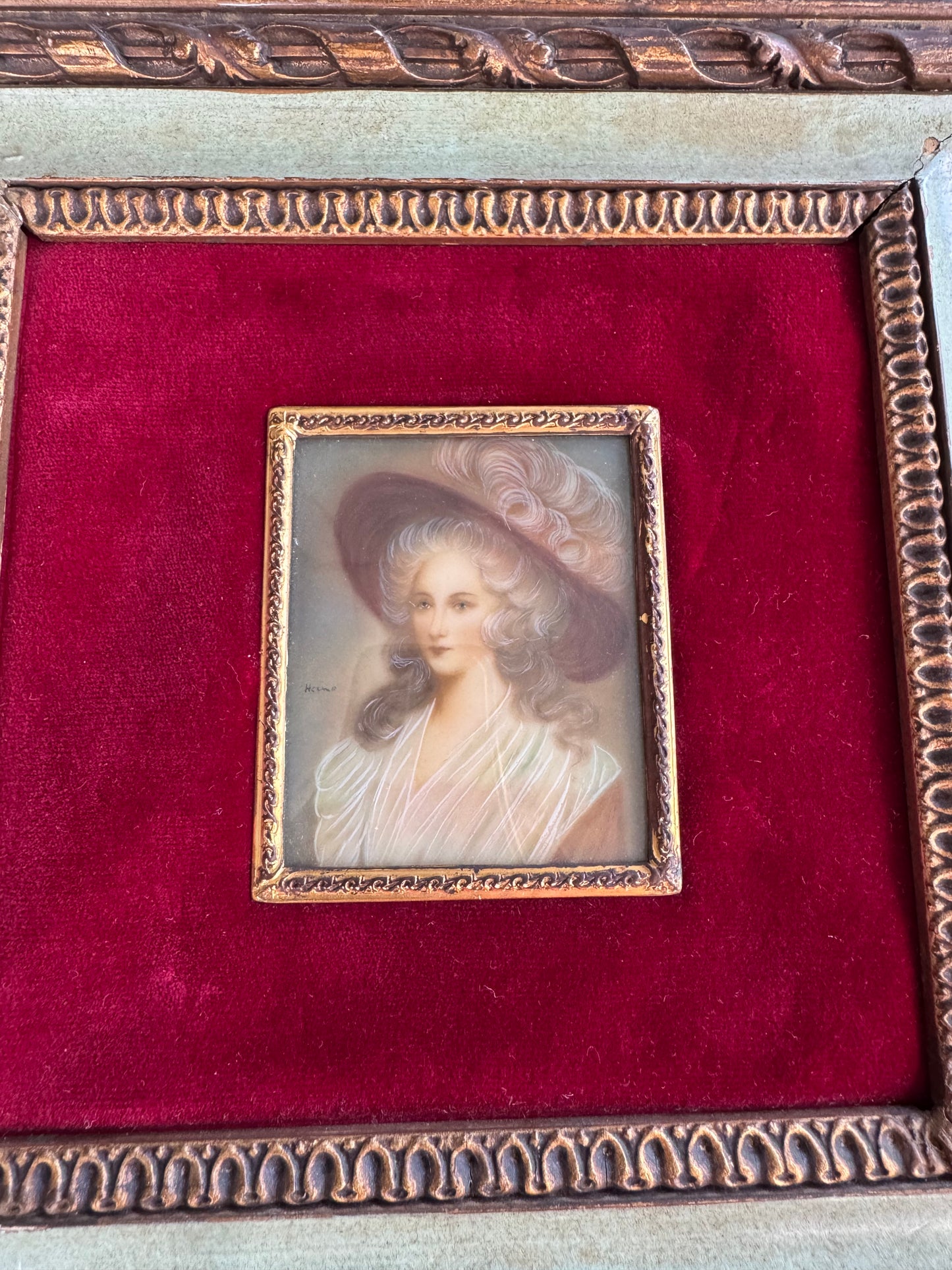 Vintage Hand Finished Miniature Portrait Lady Signed Ornate Gold Frame Red Velvet 8"x8"