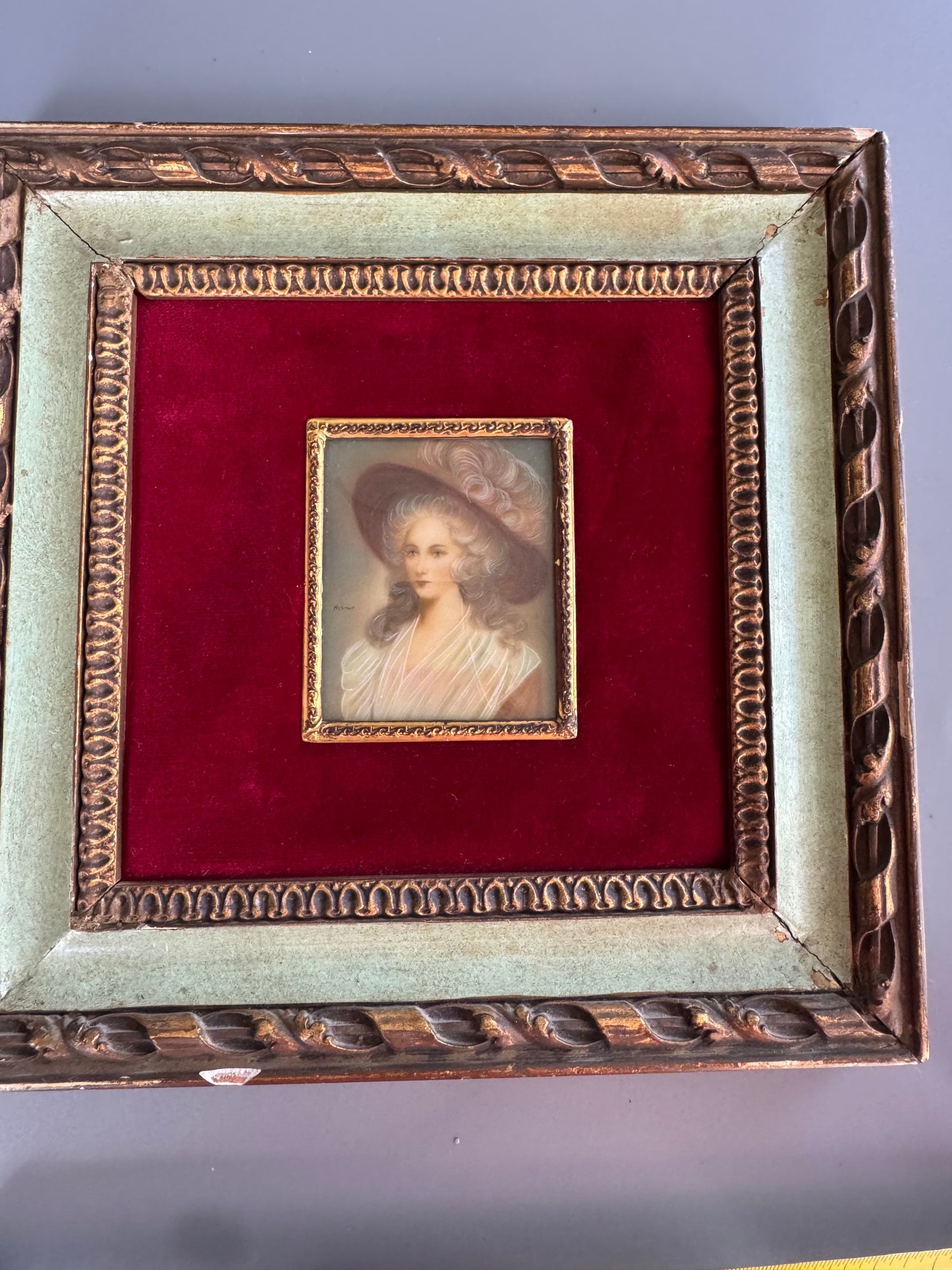 Vintage Hand Finished Miniature Portrait Lady Signed Ornate Gold Frame Red Velvet 8"x8"