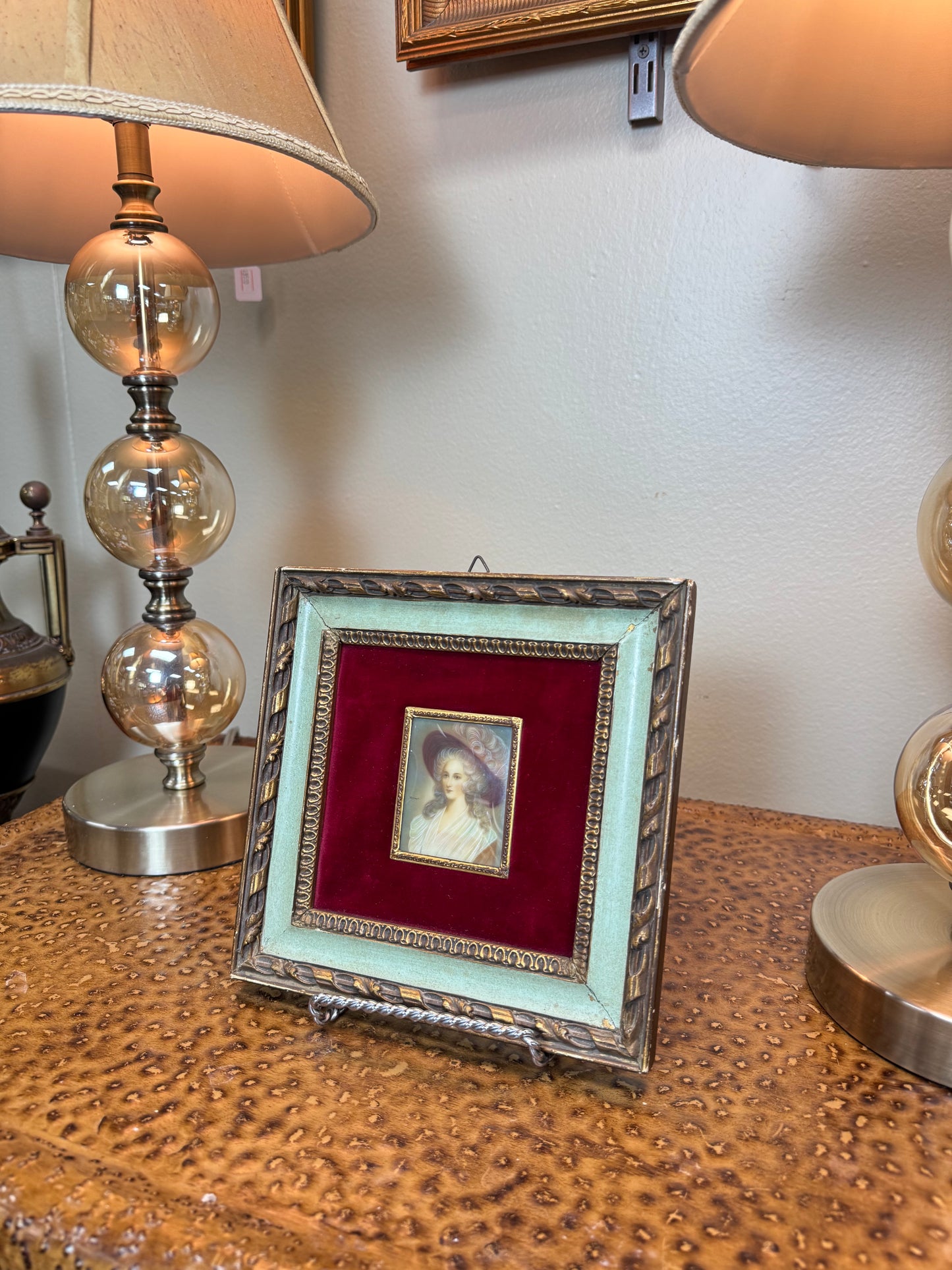 Vintage Hand Finished Miniature Portrait Lady Signed Ornate Gold Frame Red Velvet 8"x8"