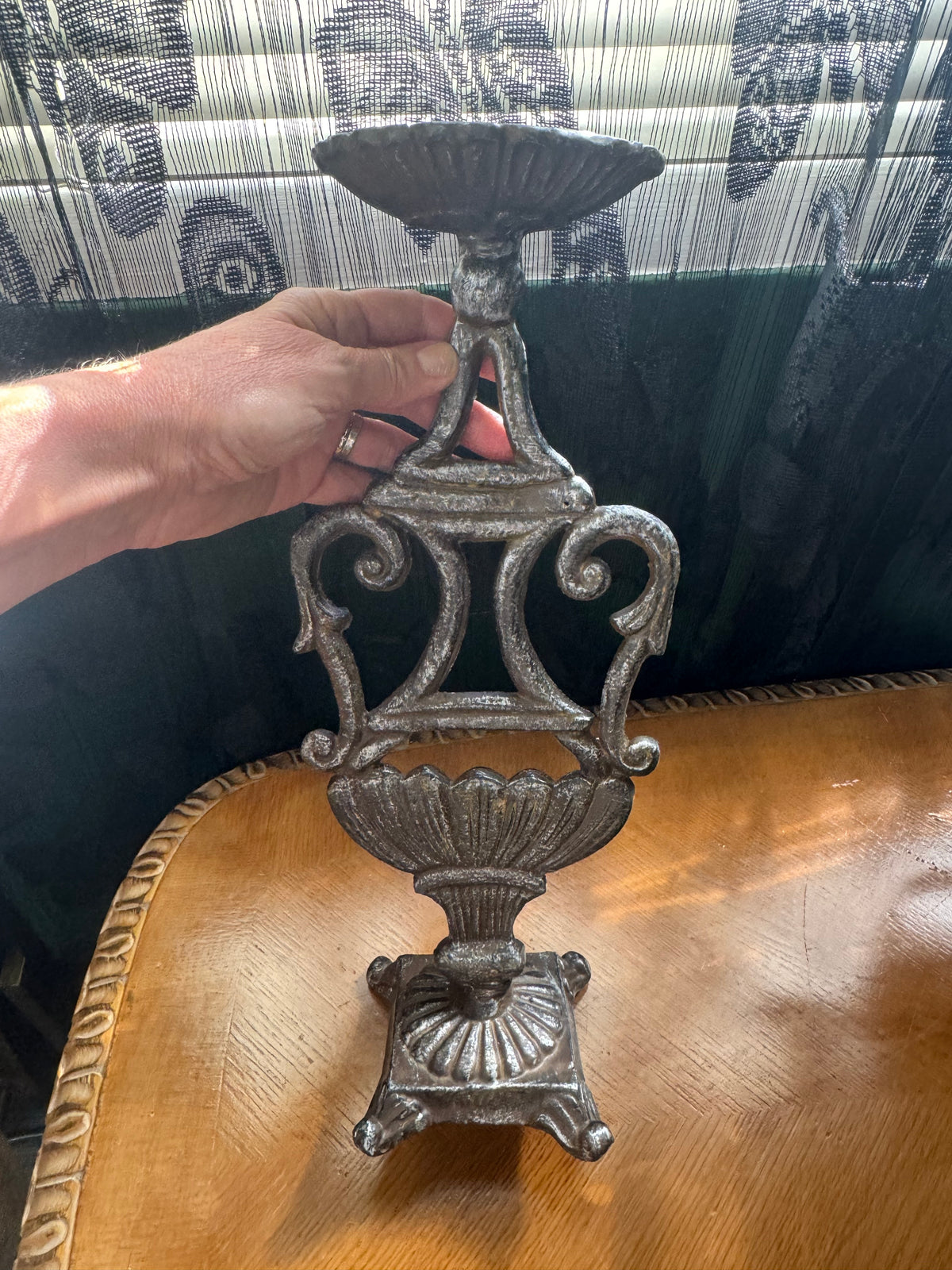 Set of 2 Vintage Ornate Metal Pillar Candle Holders – Antiqued Silver Scroll Urn Candlesticks, Footed Base, 15" Tall