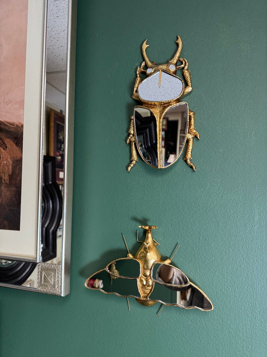 Set of 2 Gold Beetle Wall Mirrors – Stag Beetle & Winged Rhinoceros Beetle, Resin Insect Wall Decor 11"
