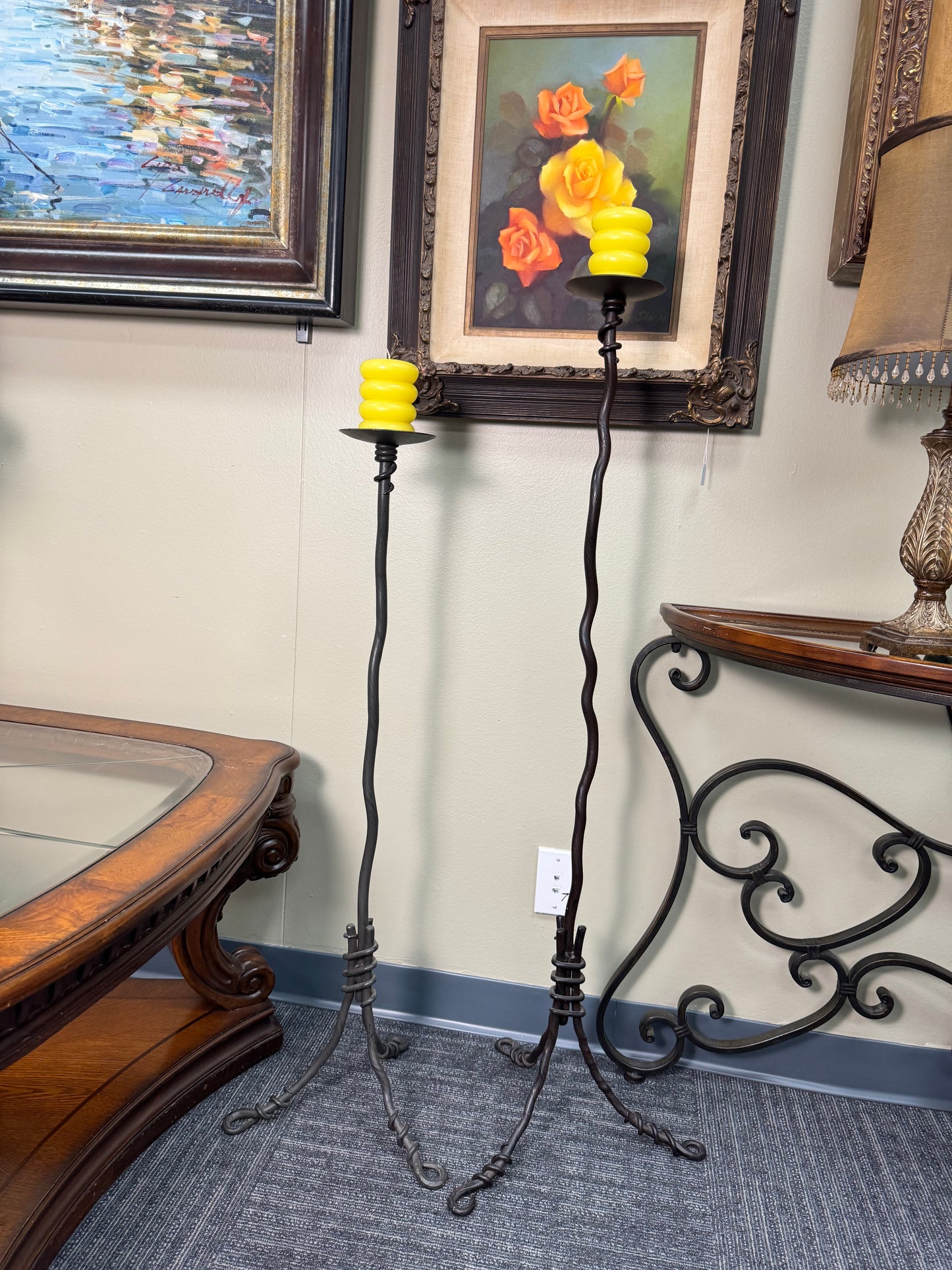 Tall Wrought Iron Floor Candle Holders Set of 2 Twisted Metal 48” & 40” LOCAL PICKUP