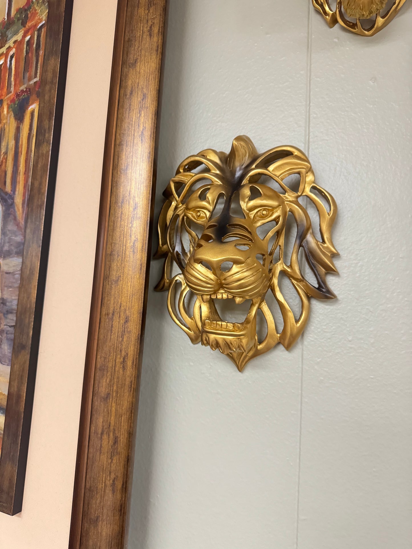 Gold Lion Head Wall Decor Set of 2 Resin Sculptures 10” & 7.5” Modern Wall Art