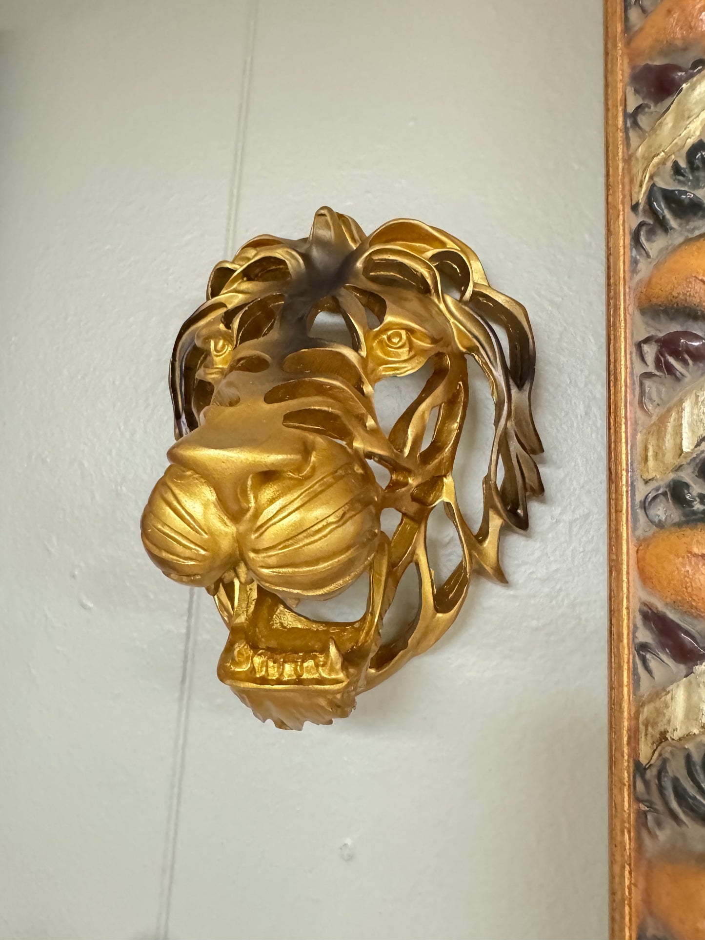 Gold Lion Head Wall Decor Set of 2 Resin Sculptures 10” & 7.5” Modern Wall Art