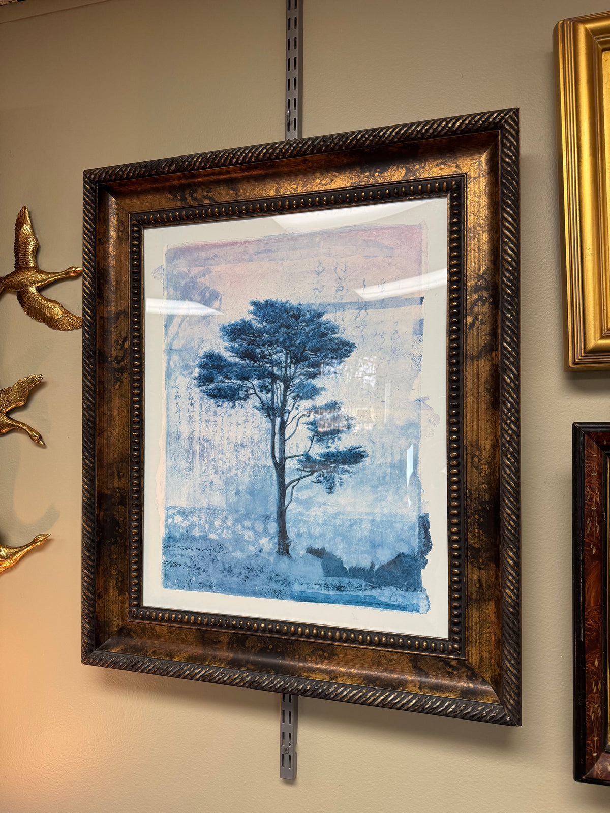 Framed Blue Pine Tree Art Print with Asian Calligraphy, Ornate Bronze Frame 24" x 30" – Local Pickup Only