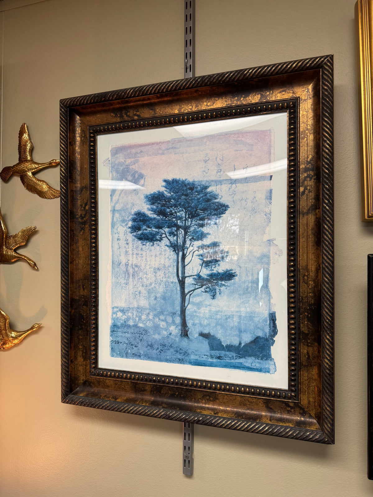 Framed Blue Pine Tree Art Print with Asian Calligraphy, Ornate Bronze Frame 24" x 30" – Local Pickup Only