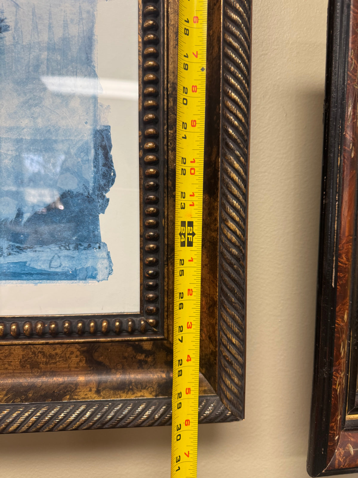 Framed Blue Pine Tree Art Print with Asian Calligraphy, Ornate Bronze Frame 24" x 30" – Local Pickup Only
