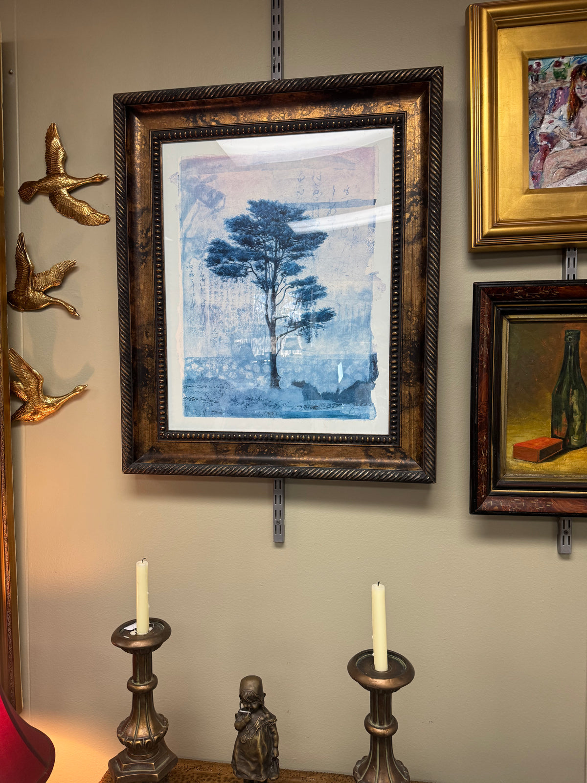 Framed Blue Pine Tree Art Print with Asian Calligraphy, Ornate Bronze Frame 24" x 30" – Local Pickup Only