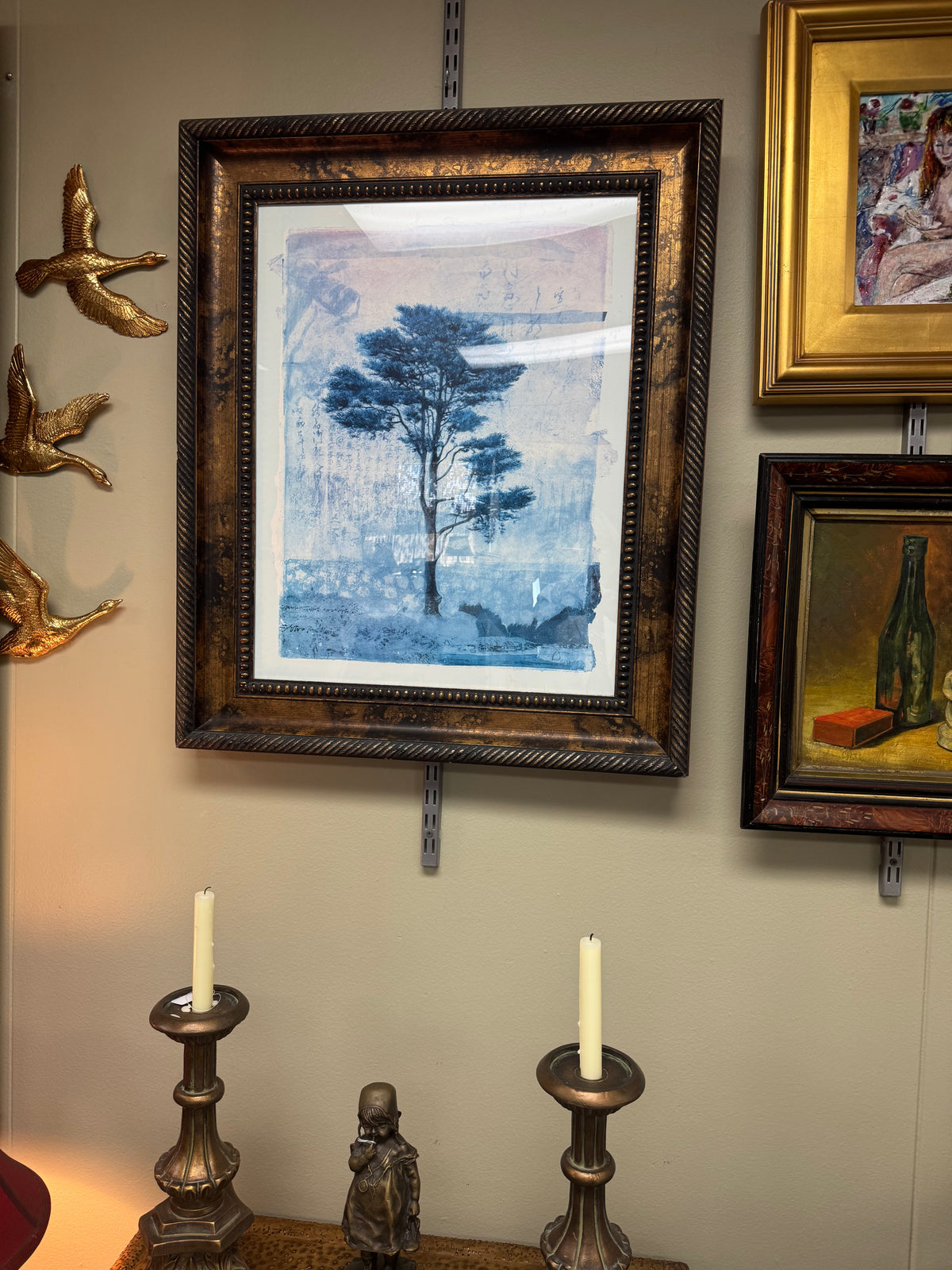 Framed Blue Pine Tree Art Print with Asian Calligraphy, Ornate Bronze Frame 24" x 30" – Local Pickup Only