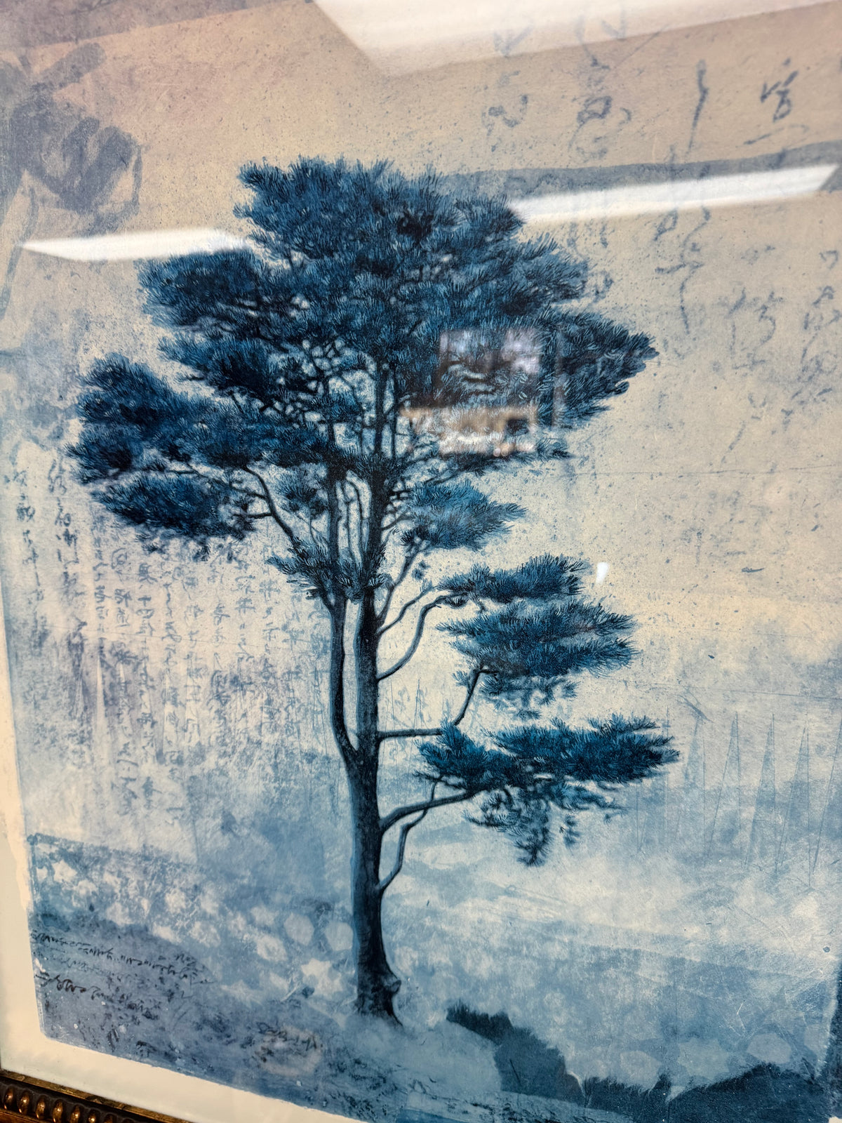 Framed Blue Pine Tree Art Print with Asian Calligraphy, Ornate Bronze Frame 24" x 30" – Local Pickup Only