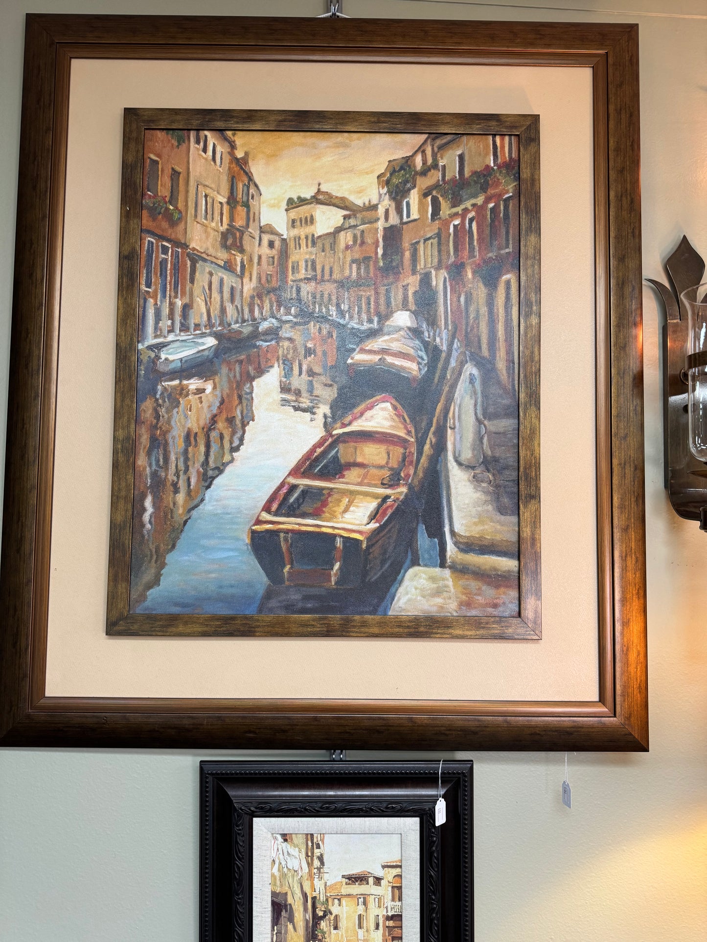Large Framed Venice Canal Scene Wall Art Painting Style Boats European Cityscape 35x40 Local Pickup