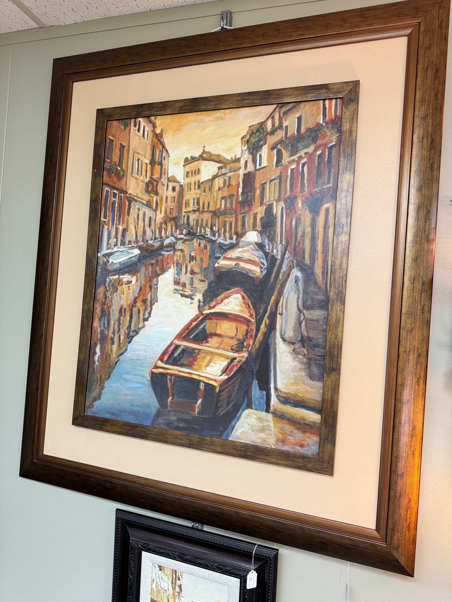 Large Framed Venice Canal Scene Wall Art Painting Style Boats European Cityscape 35x40 Local Pickup