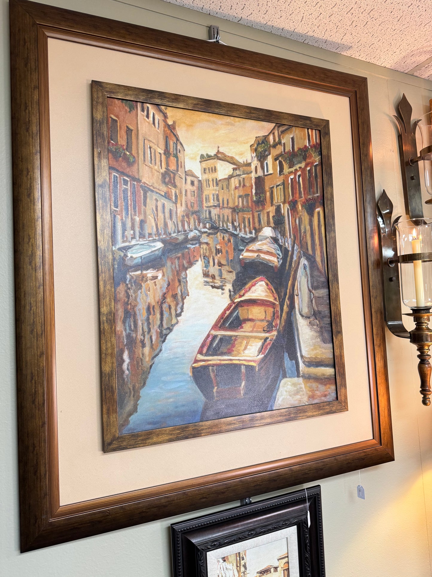 Large Framed Venice Canal Scene Wall Art Painting Style Boats European Cityscape 35x40 Local Pickup