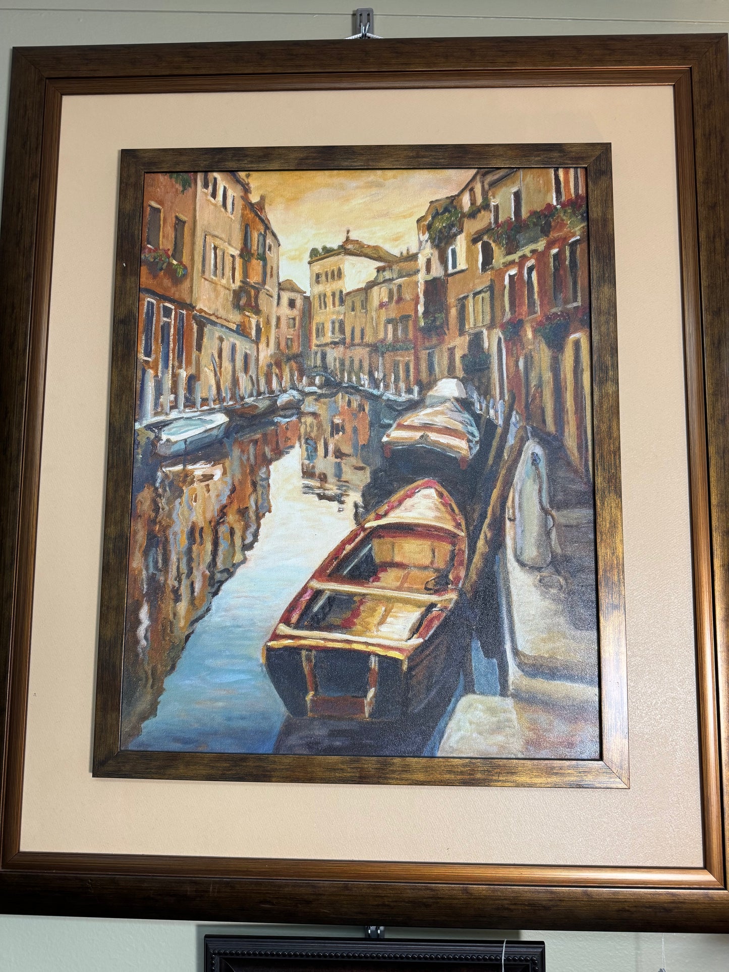 Large Framed Venice Canal Scene Wall Art Painting Style Boats European Cityscape 35x40 Local Pickup