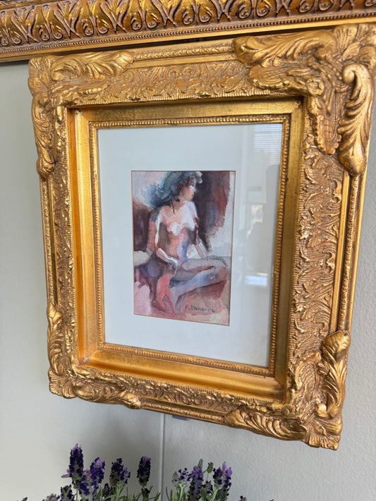 Vintage Watercolor Nude Female Figure Signed K. Bonanno Vintage Style Gold Ornate Frame 15x13