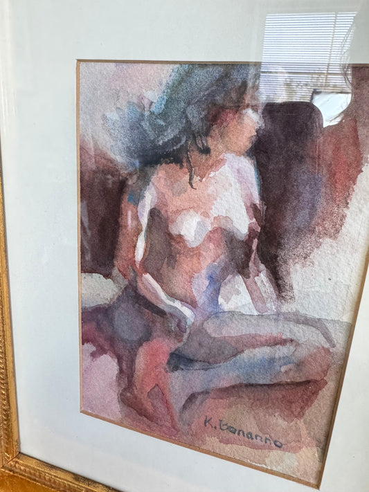 Vintage Watercolor Nude Female Figure Signed K. Bonanno Vintage Style Gold Ornate Frame 15x13