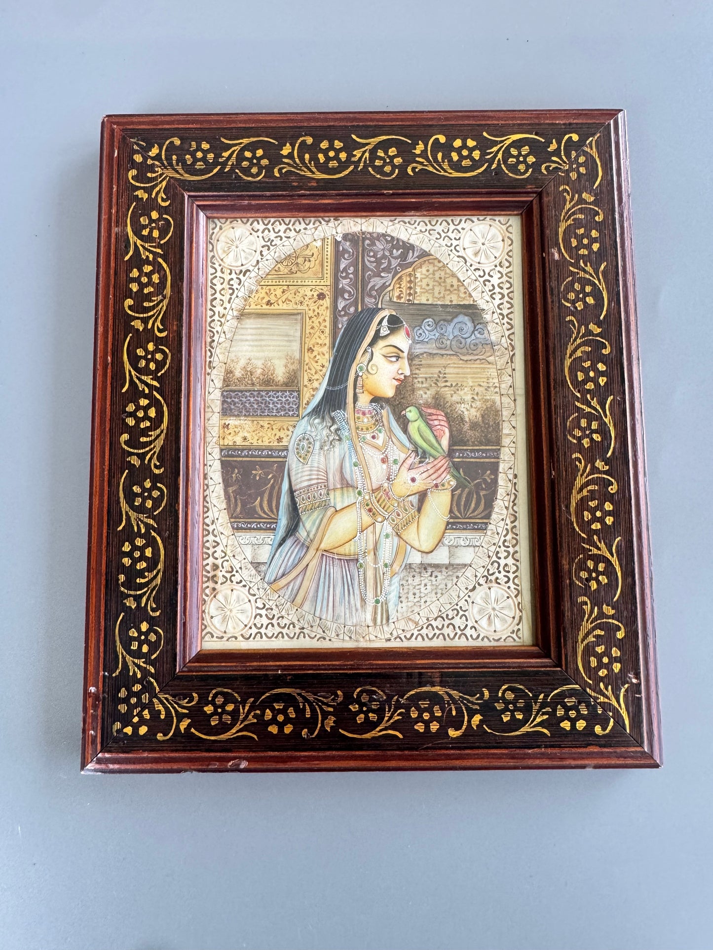 Hand Painted Indian Mughal Miniature Portrait Woman with Bird Framed Art 9"x7"